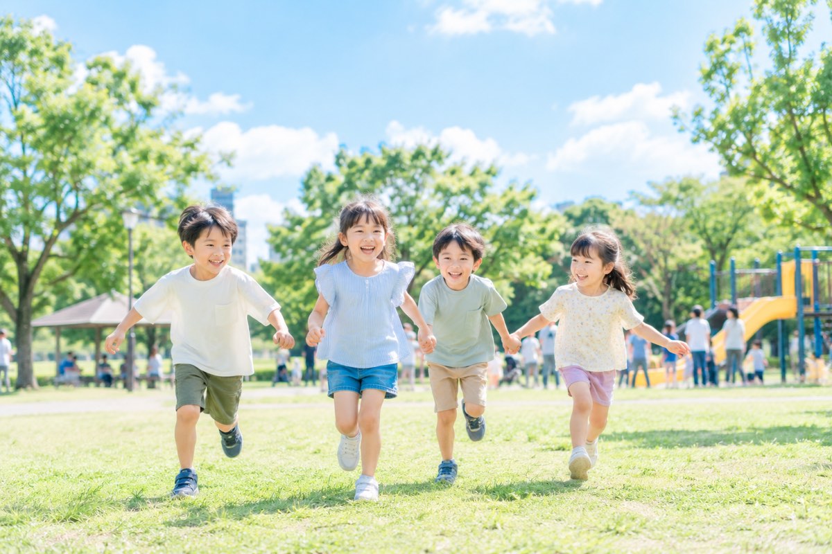 公園で手をつないで元気に走る子どもたち