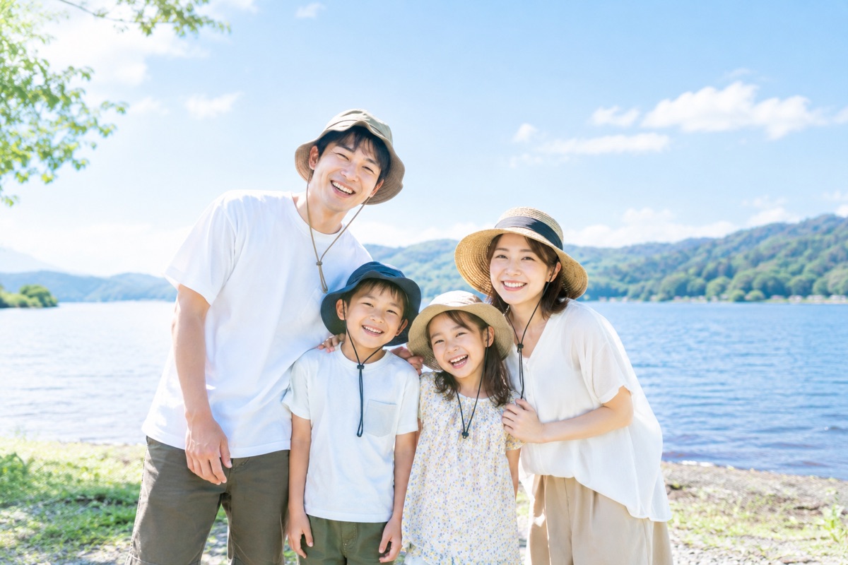 湖のほとりで帽子をかぶって笑顔で並ぶ家族4人