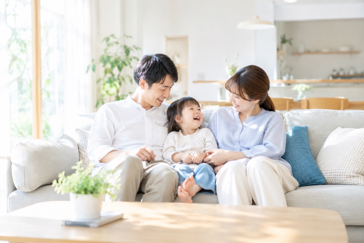 明るいリビングのソファで笑い合う夫婦と子ども