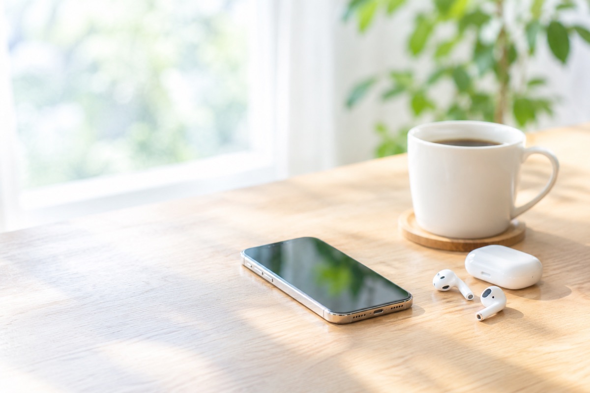 木のテーブルに置かれたスマートフォンとワイヤレスイヤホン、コーヒーカップ