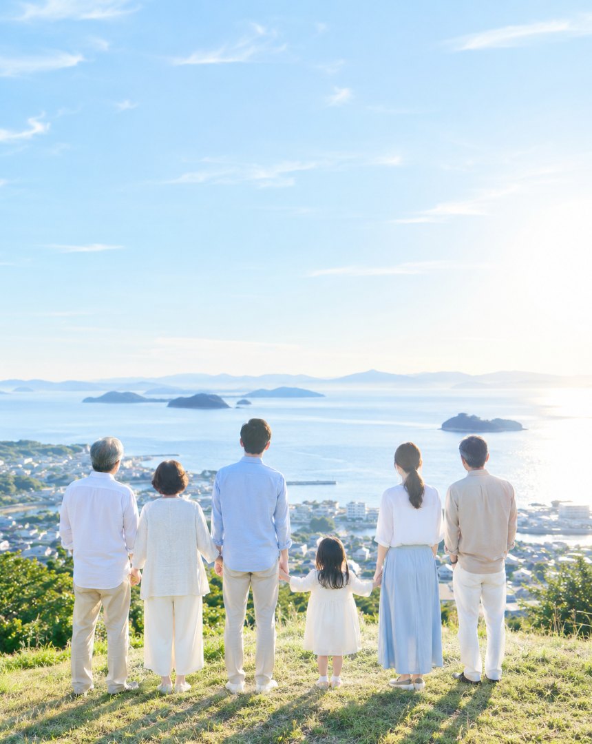 丘の上から朝の海と街並みを眺める三世代の家族の後ろ姿